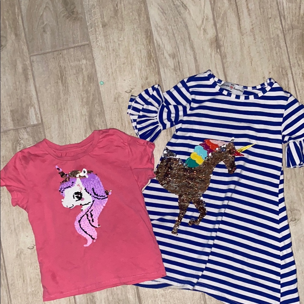 Girls 4T Unicorn Sequin Dress With Blue White Strip Pink T-Shirts